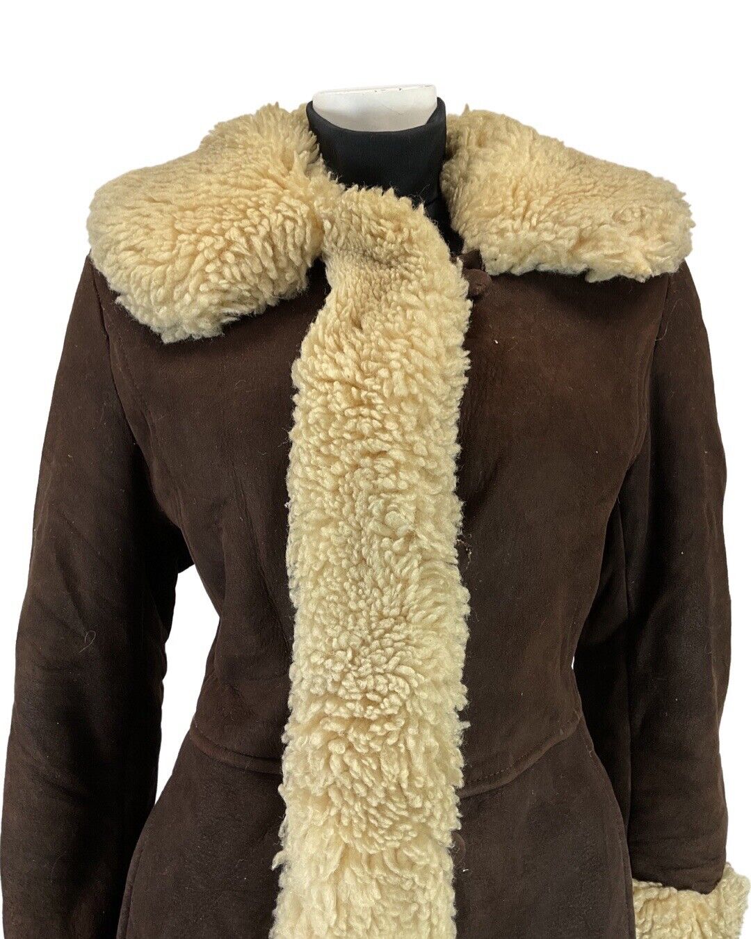 VINTAGE 60s 70s DARK BROWN CREAM MOD PRINCESS SUEDE SHEARLING COAT 10 12