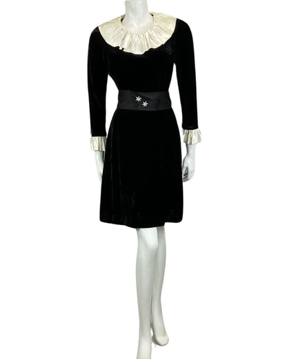 VTG 60s 70s BLACK VELVET CREAM EDWARDIAN MOD PARTY CHRISTMAS EVENING DRESS 8