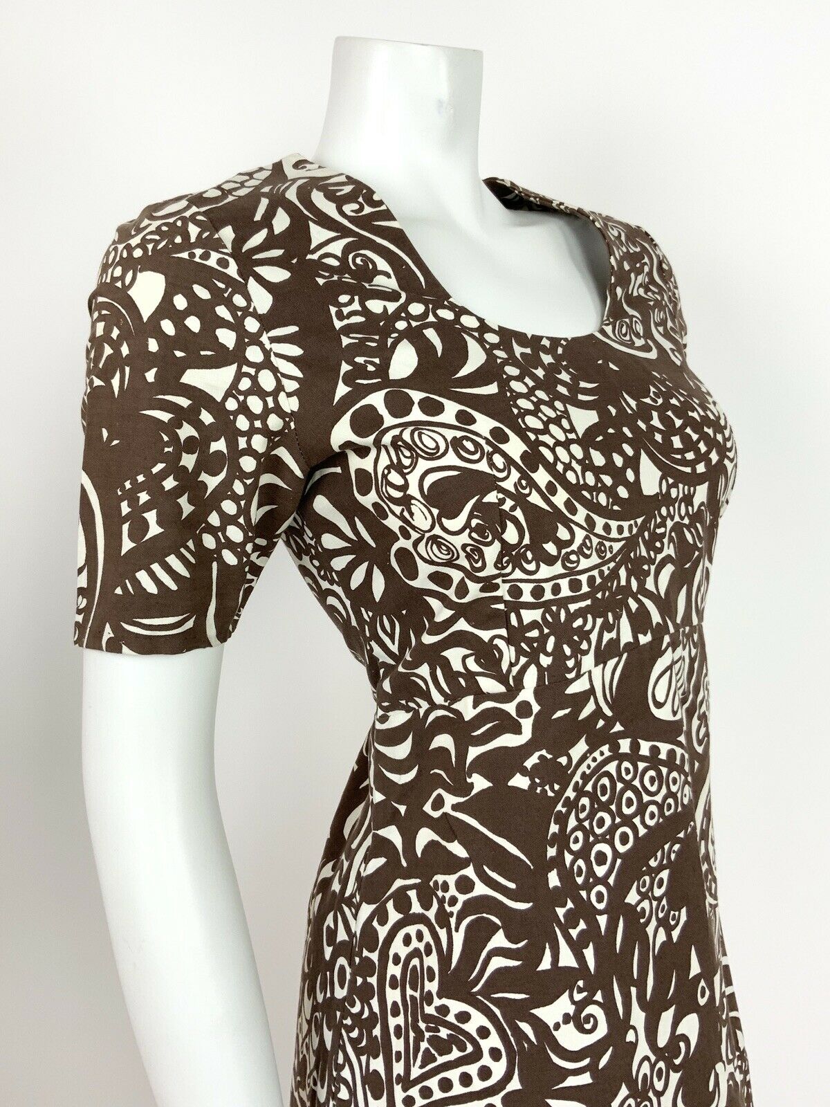 VTG 60s 70s WHITE BROWN PSYCHEDELIC FLORAL PAISLEY HANDPRINTED MINI DRESS 10