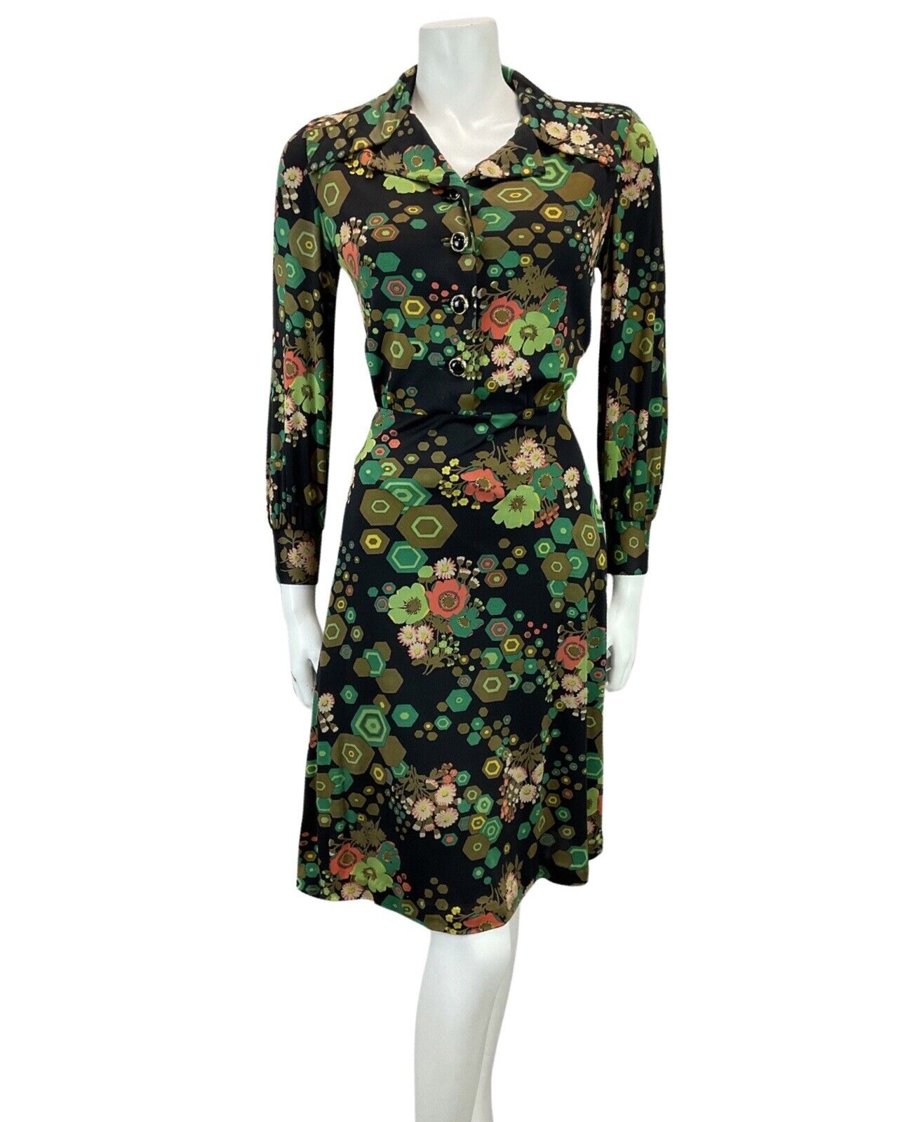 VINTAGE 60s 70s BLACK GREEN ORANGE FLORAL ABSTRACT PRINT MOD MIDI DRESS 14