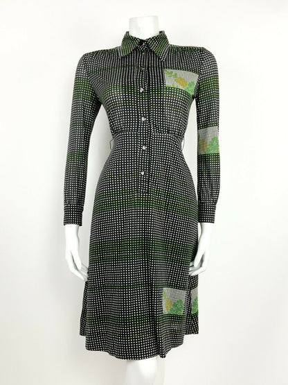 VINTAGE 60s 70s BLACK WHITE GREEN YELLOW GEOMETRIC DOTTY SHIRT DRESS 8 10