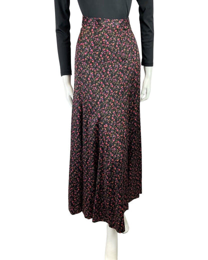 VINTAGE 60s 70s BLACK PINK GREEN FLORAL DITSY BOHO PRAIRIE MAXI SKIRT 4