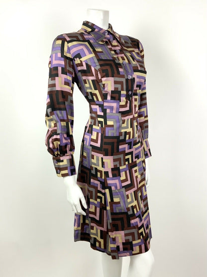 VTG 60s 70s PURPLE BROWN SILVER PINK GEOMETRI DOG-EAR COLLAR SHIRT DRESS 12 14