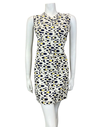 VINTAGE 60s 70s WHITE BLUE YELLOW PSYCHEDELIC MOD SLEEVELESS SHIFT DRESS 10