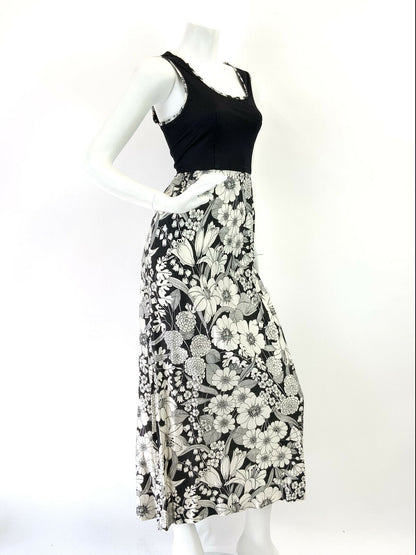 VINTAGE 60s 70s BLACK WHITE FLORAL PSYCHEDELIC MOD SLEEVELESS MAXI DRESS 8 10