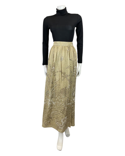 VINTAGE 60s 70s GOLD WHITE FLORAL LEAFY GLITTER LUREX DISCO PARTY MAXI SKIRT 10