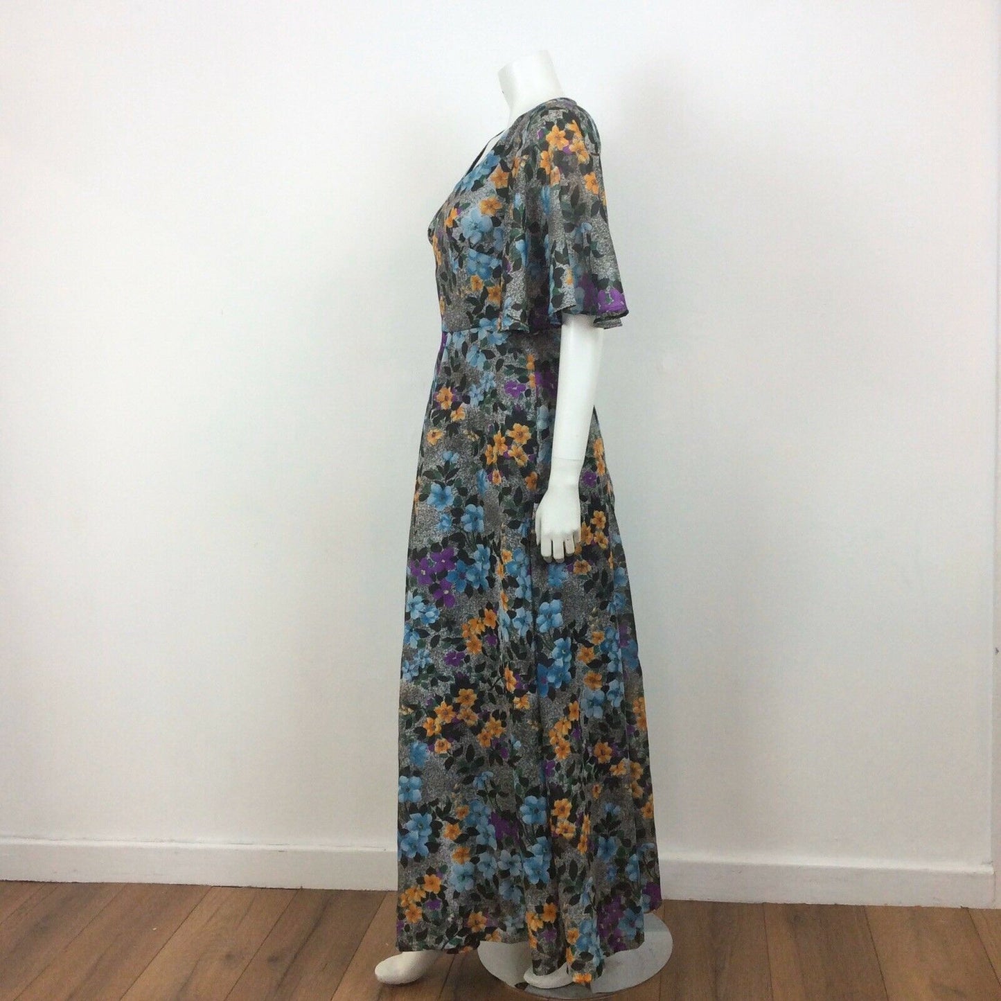 70S VINTAGE GREY GREEN BLUE PURPLE YELLOW FLOWER MAXI DRESS 10