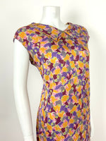 VTG 60s PINK PURPLE RED SILVER YELLOW ABSTRACT FLORAL SHIFT DRESS 14 16 18