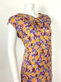 VTG 60s PINK PURPLE RED SILVER YELLOW ABSTRACT FLORAL SHIFT DRESS 14 16 18