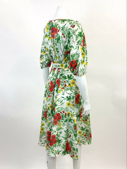 VINTAGE 60s 70s WHITE GREEN RED YELLOW FLORAL GARDEN PARTY BLOUSON DRESS 10