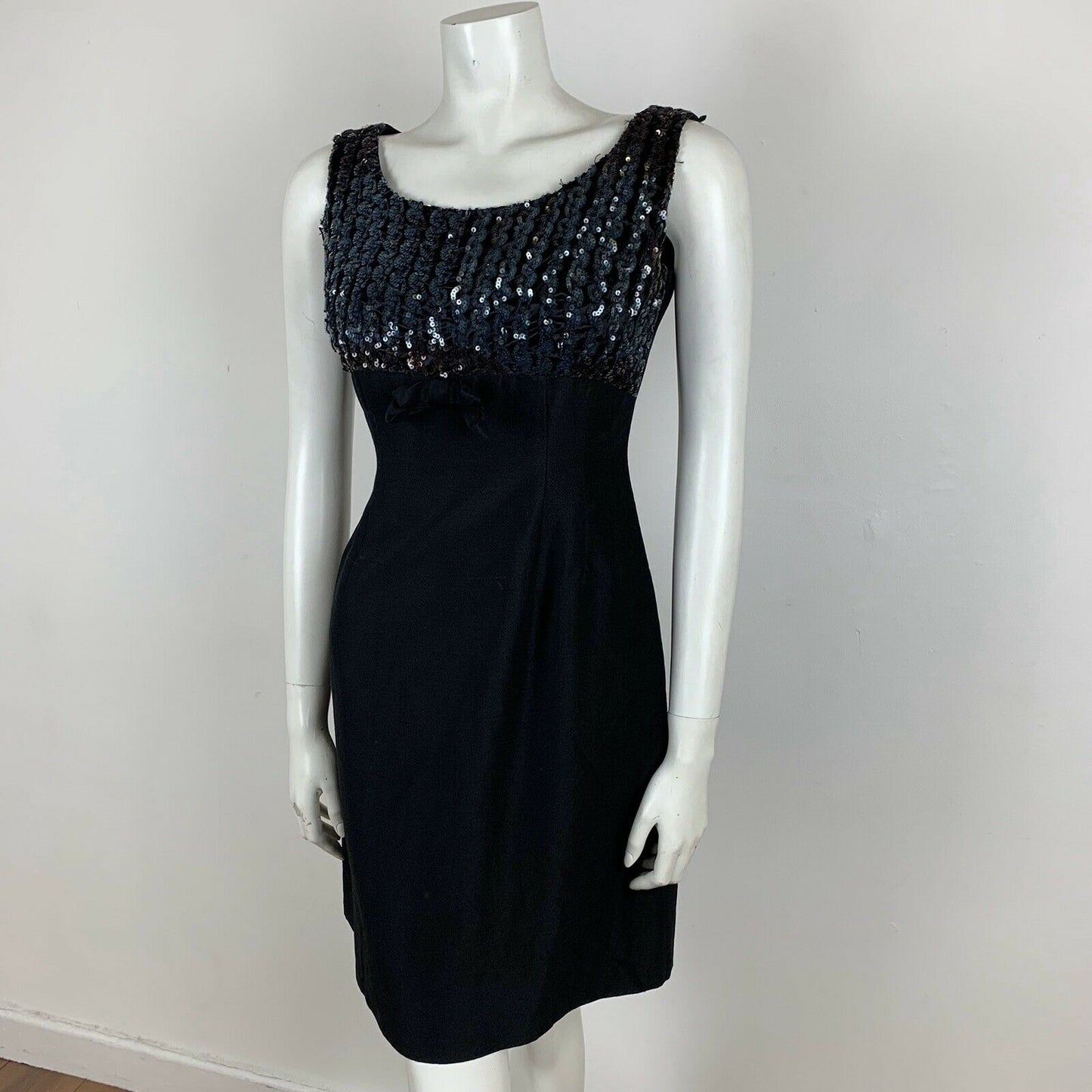 VINTAGE 60S BLACK BLUE IRIDESCENT SEQUIN COCKTAIL DRESS 8 10