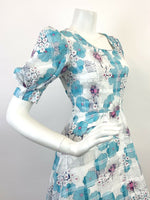 VTG 60s 70s WHITE BLUE PINK FLORAL PUFF SLEEVE PSYCHEDELIC MOD MAXI DRESS 8