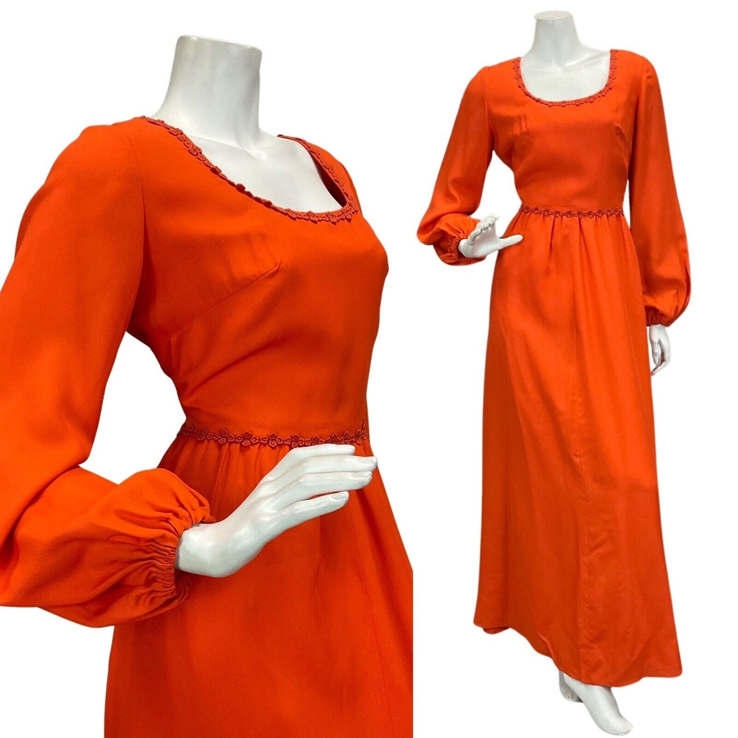 VINTAGE 60s 70s ORANGE FLORAL EMBROIDERY BALLOON SLEEVE BOHO MAXI DRESS 10 12