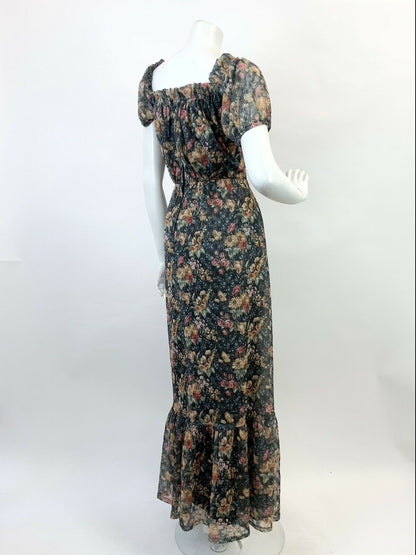 VTG 60s 70s BLACK GREEN RED BOTANICAL FLORAL LACE PRAIRIE BOHO MAXI DRESS 10 12