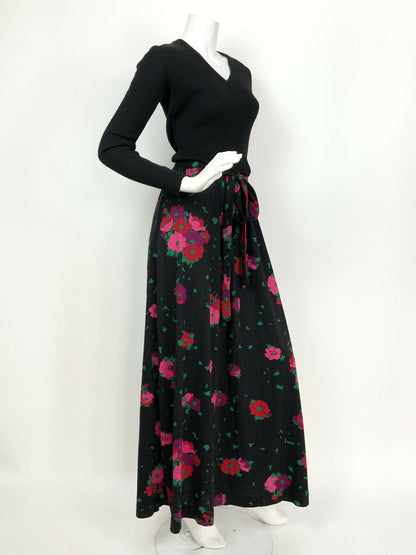 VINTAGE 60s 70s BLACK RED PINK PURPLE GREEN FLORAL KNITTED MAXI DRESS 8 10