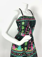 VTG 60s 70s BLACK GREEN PINK PSYCHEDELIC BIRD WOMAN FLORAL STRAPPY MAXI DRESS 8