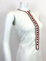 VINTAGE 60s 70s WHITE RED GREEN BUTTON BIB FRONT MOD SCOOTER SHIFT DRESS 6 8