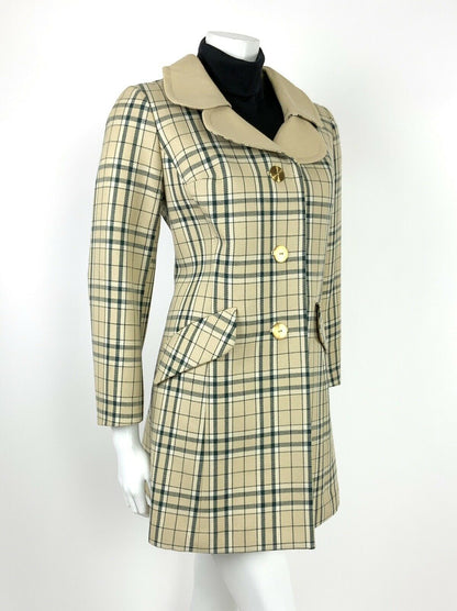 VINTAGE 60s 70s GREEN WHITE BEIGE GOLD PLAID TARTAN LUCIE LINDEN COAT 10 12 14