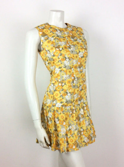 VINTAGE 60s 70s SUMMER FLORAL DITSY DRESS YELLOW ORANGE WHITE SILVER GLITTERY 10