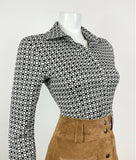 VINTAGE 60s 70s WHITE BLACK GEOMETRIC CHECKERBOARD MOD SHIRT BLOUSE 10 12