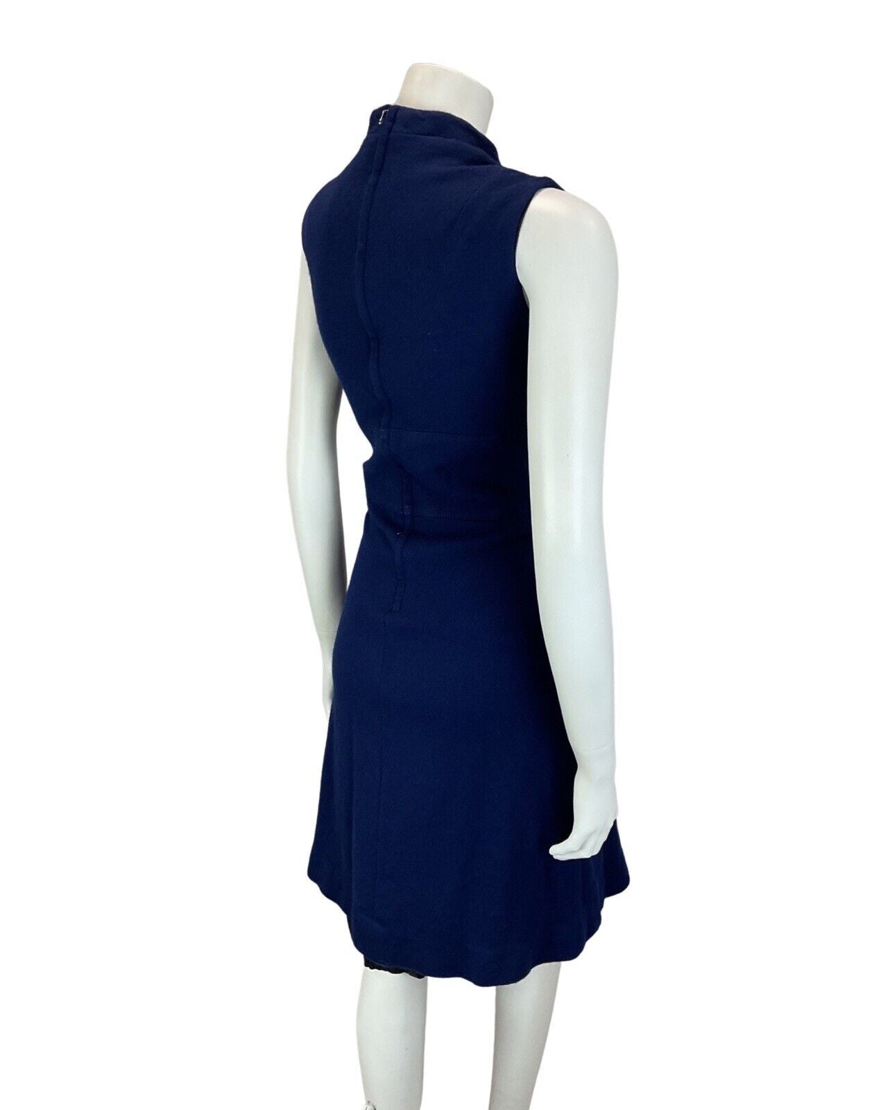 VINTAGE 60s 70s NAVY BLUE GOLD LACE-UP SLEEVELESS MOD KNEE-LENGTH WOOL DRESS