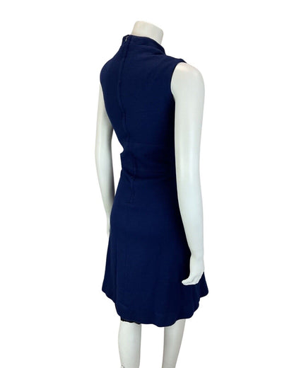 VINTAGE 60s 70s NAVY BLUE GOLD LACE-UP SLEEVELESS MOD KNEE-LENGTH WOOL DRESS