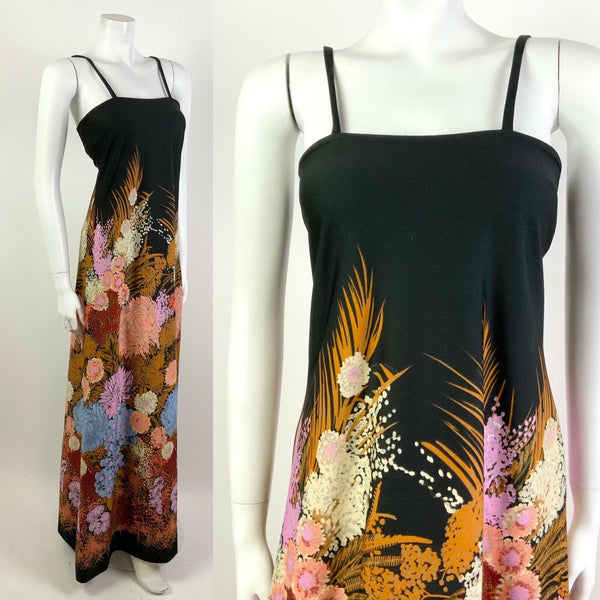 VINTAGE 60s 70s BLACK GOLD PINK BLUE FLORAL LEAFY SPAGHETTI STRAP MAXI DRESS 8