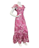 VINTAGE 60s 70s ROSE PINK WHITE RUFFLED FLORAL LEAFY MAXI DRESS 8