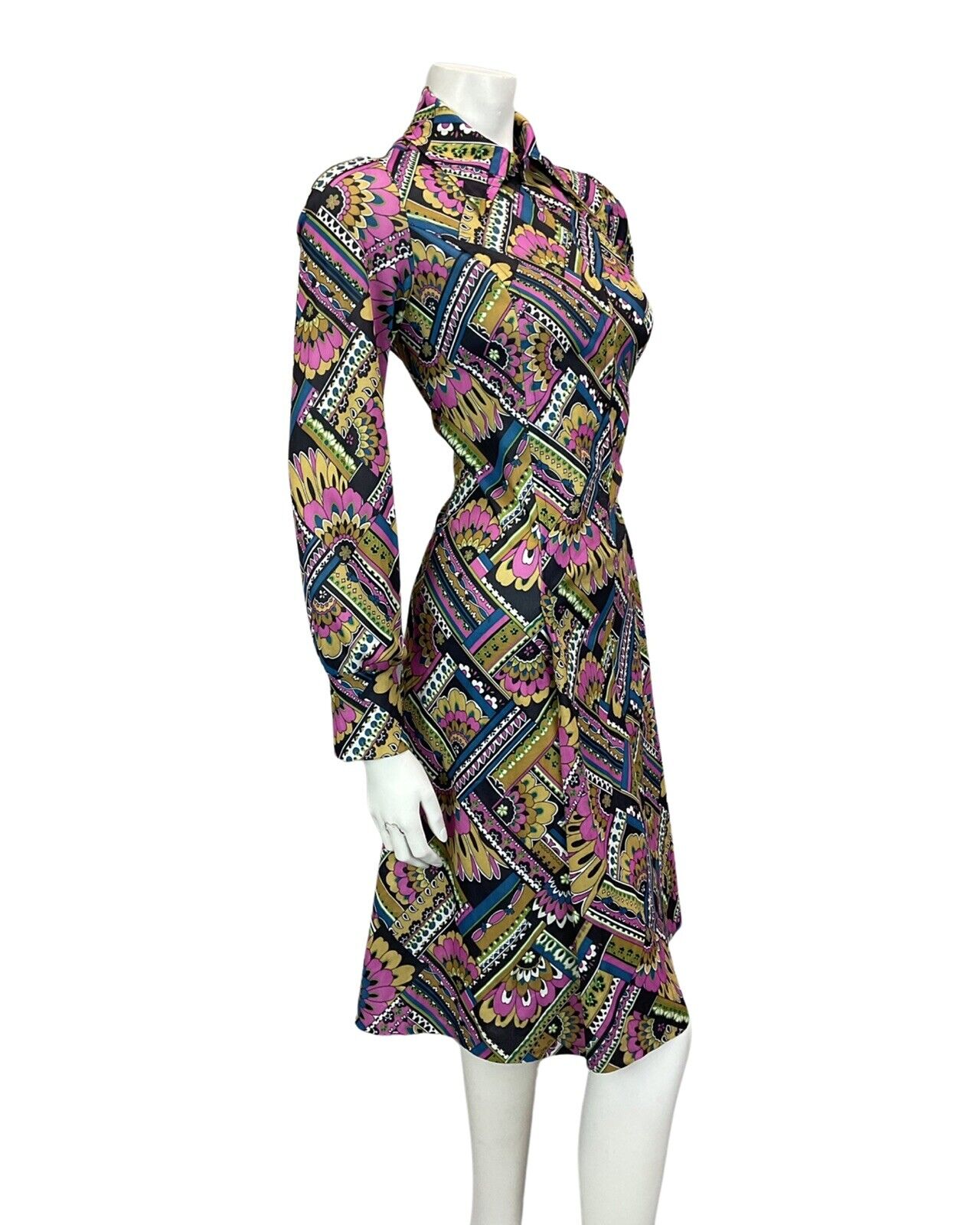 VINTAGE 60s 70s BLACK PURPLE BLUE GREEN PSYCHEDELIC MOD MIDI DRESS 8 10