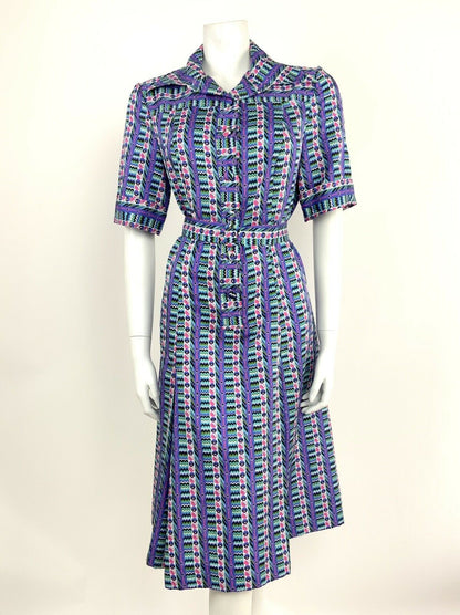 VTG 70s PURPLE PINK TEAL BLACK WHITE CHEVRON GEOMETRIC SHIRT DRESS 12 14 16