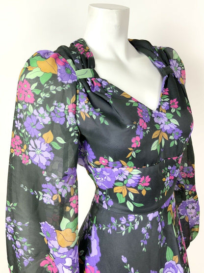 VINTAGE 60s 70s BLACK PURPLE PINK GREEN FLORAL SHEER FLOATY SWEETHEART DRESS 6 8