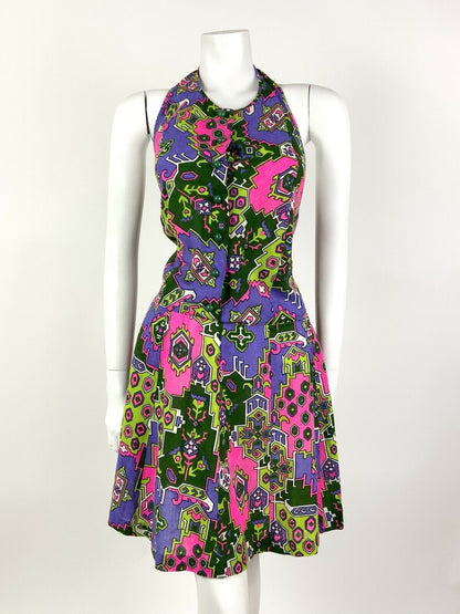 VTG 60s 70s NEON PINK PURPLE GREEN AZTEC PSYCHEDELIC HALTER MINI DRESS 12