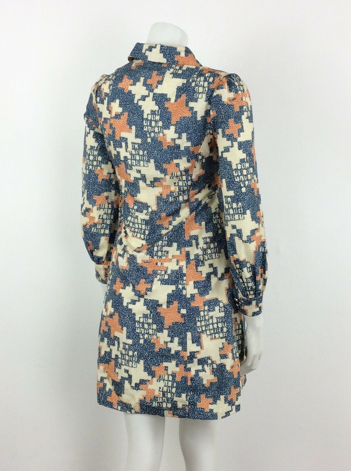 60S 70S VINTAGE CREAM BLUE ORANGE GEO ABSTRACT LONG SLEEVE SHIRT DRESS 8 10