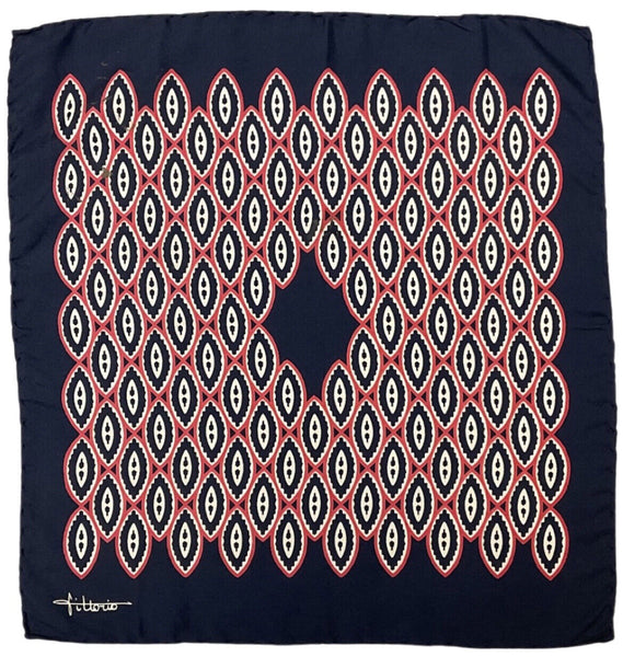 VINTAGE 60s 70s NAVY BLUE RED WHITE GEOMETRIC MOD FITTORIO SQUARE SILK SCARF