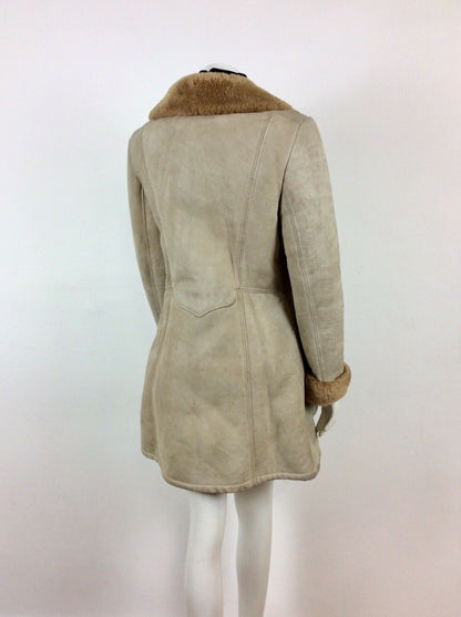 GENUINE VINTAGE 70s SHEARLING SHEEPSKIN CREAM BEIGE COAT FUR TRIM 12 14 16