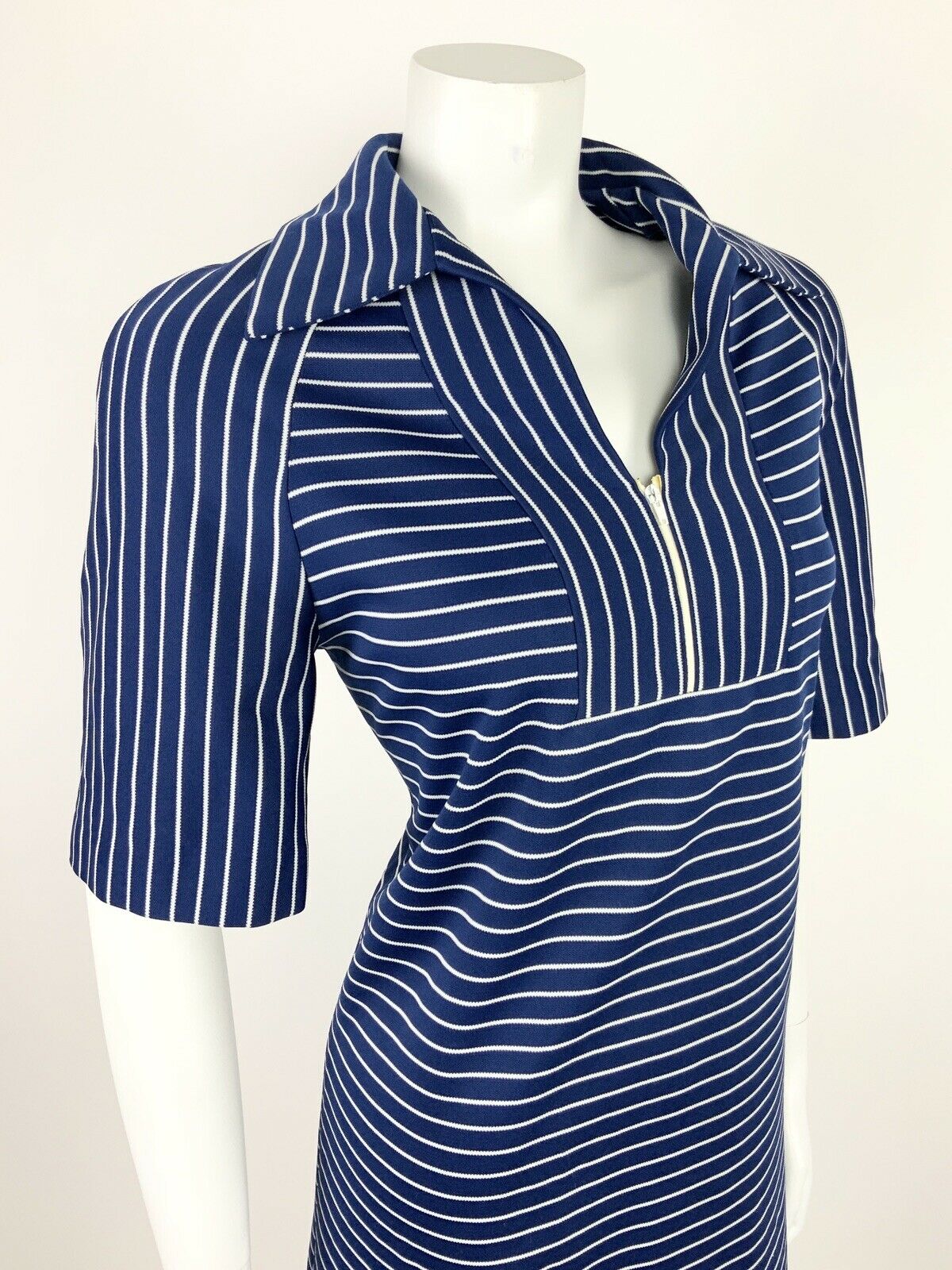 VTG 60s 70s NAVY BLUE WHITE STRIPED WING COLLAR MOD NAUTICAL SHIFT DRESS 14 16