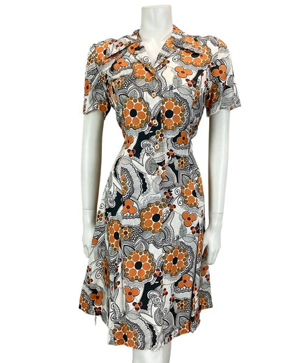 VINTAGE 60S 70S WHITE ORANGE BROWN BLACK FLORAL PSYCHEDELIC MOD DRESS 14