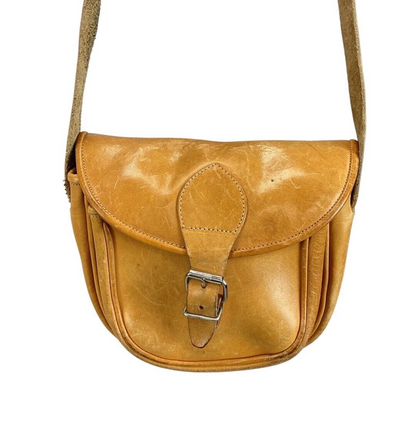 VINTAGE 60s 70s CAMEL BROWN BOHO FOLK MOD LEATHER SMALL SHOULDER BAG