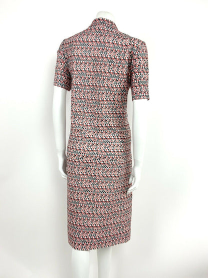 VINTAGE 60s 70s WHITE BLACK RED GEOMETRIC STRIPED OP-ART SHIRT MOD DRESS 12 14