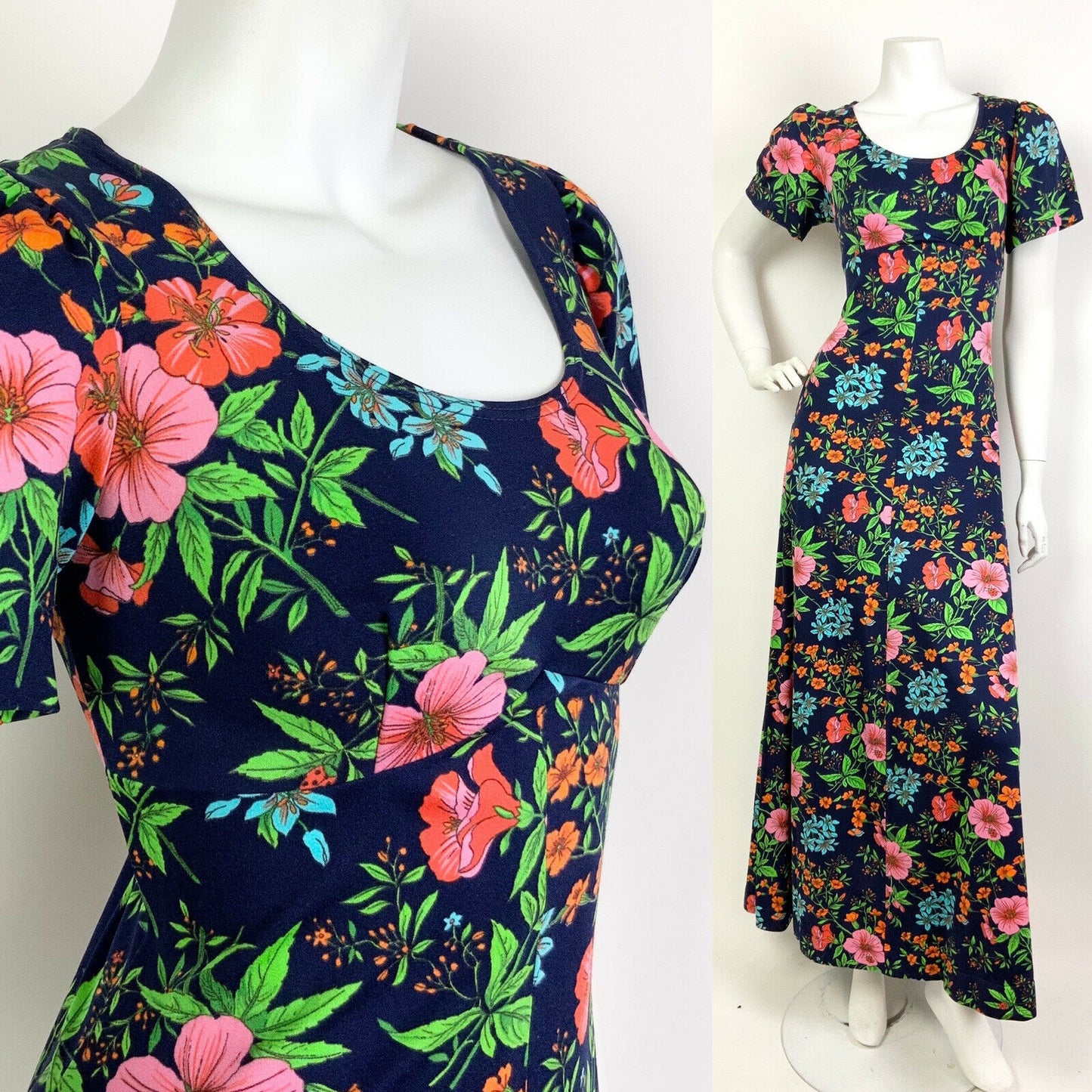 VTG 60s 70s BLUE PINK GREEN RED FLORAL BOTANICAL PSYCHEDELIC MAXI DRESS 10 12