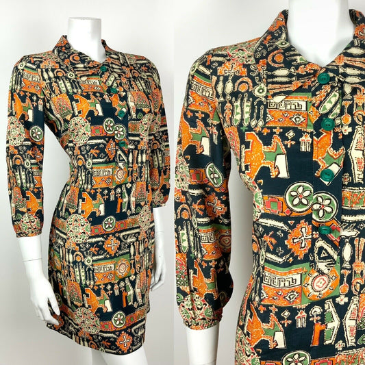 VINTAGE 60s 70s BLUE ORANGE GREEN CREAM PSYCHEDELIC FLORAL SHORT DRESS 10 12