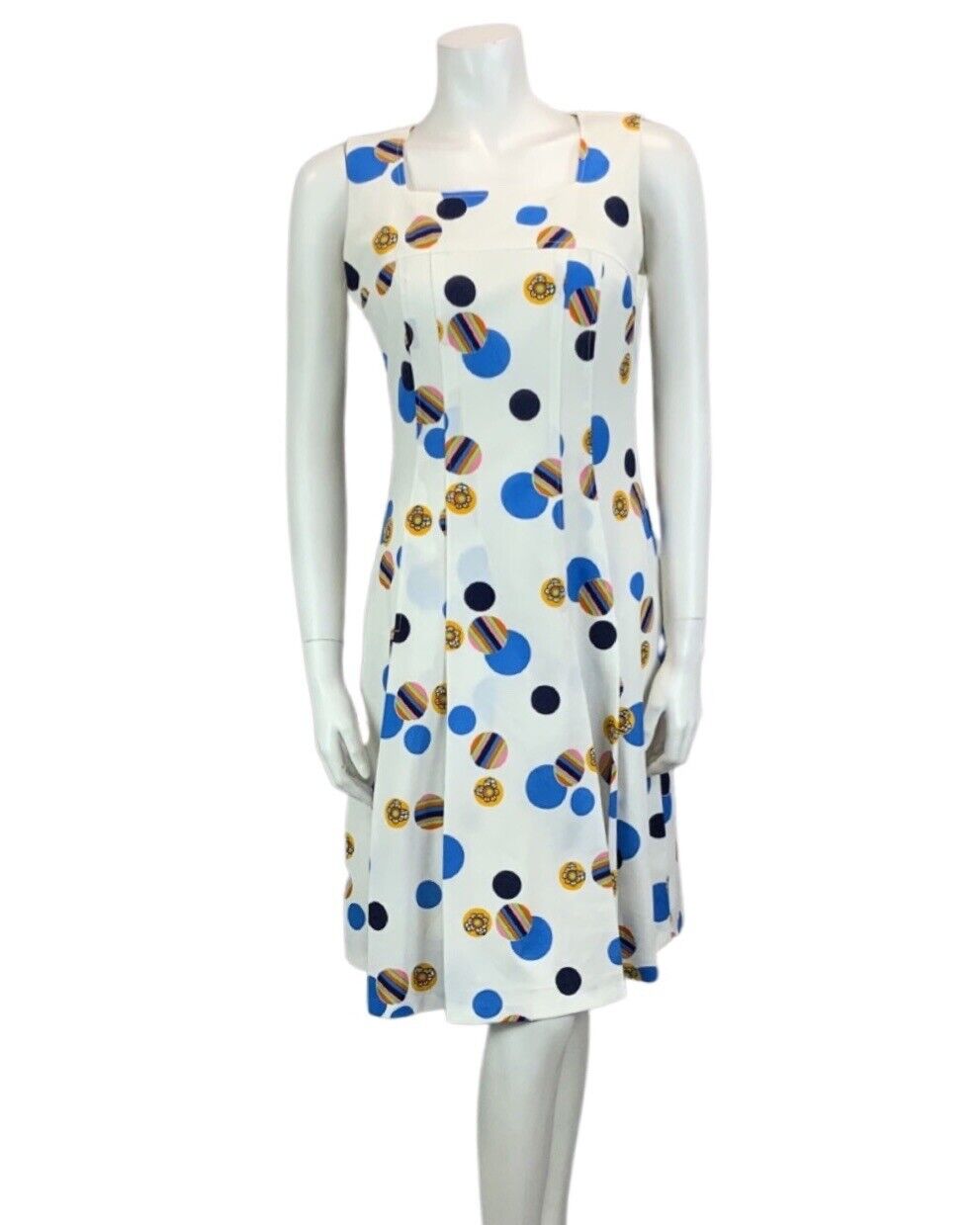 VINTAGE 60s 70s WHITE BLUE NAVY PINK SPOTTY ABSTRACT PRINT MOD DRESS DRESS 10