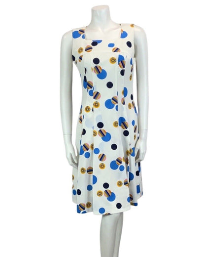 VINTAGE 60s 70s WHITE BLUE NAVY PINK SPOTTY ABSTRACT PRINT MOD DRESS DRESS 10