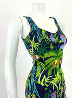 VINTAGE 60s 70s BLUE GREEN PINK PURPLE PALM TREE CACTUS PARROT JUNGLE DRESS 6 8