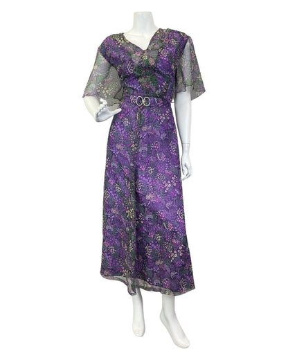 VINTAGE 60s 70s PURPLE BLACK GREEN FLORAL DITSY SHEER BELTED MAXI DRESS 16