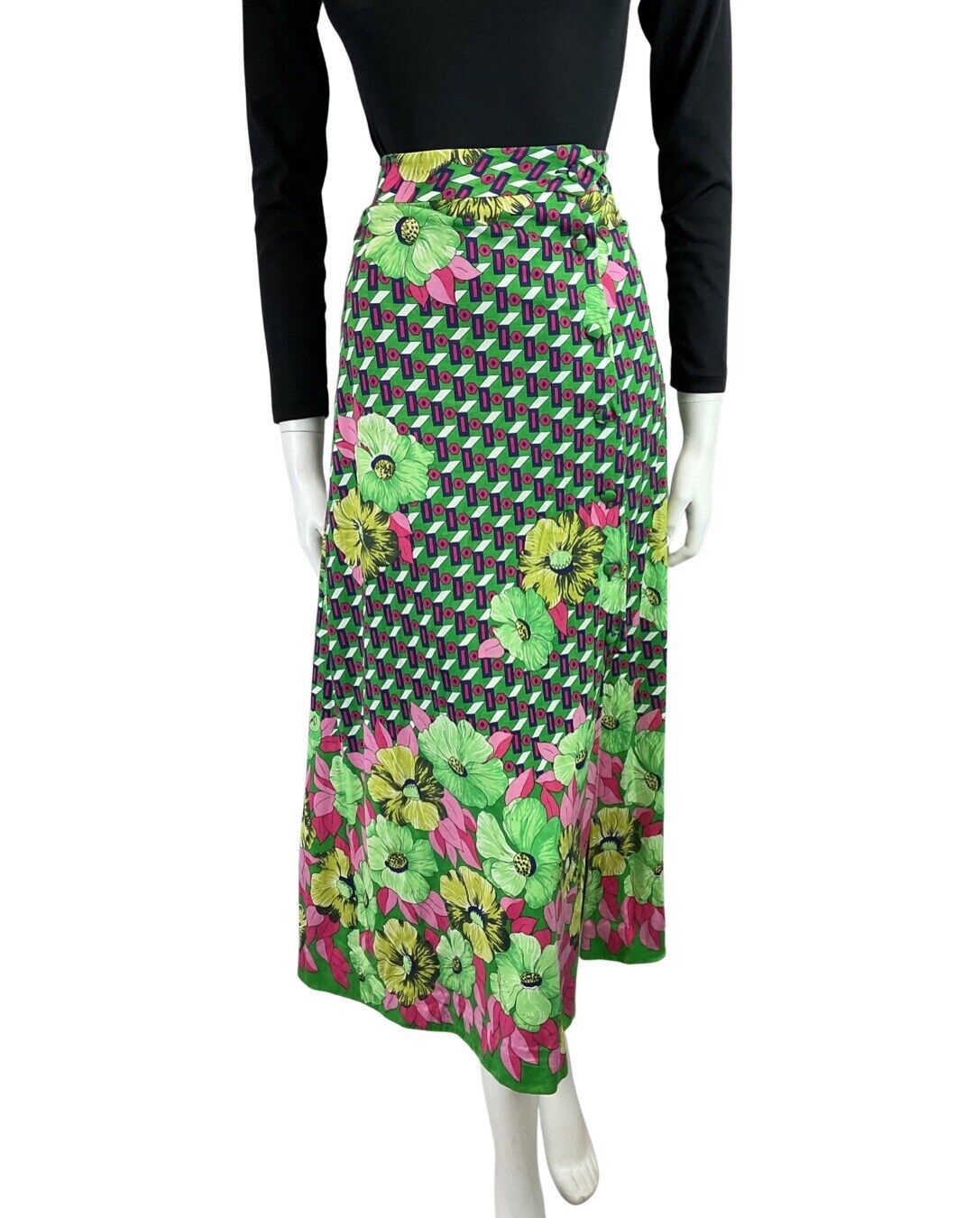 VINTAGE 60s 70s GREEN PINK GEOMETRIC FLORAL MOD PSYCHEDELIC MIDI SKIRT 8