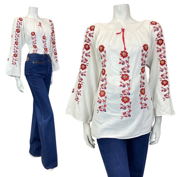 VINTAGE 60s 70s WHITE RED FLORAL CROSS-STITCH BOHO FOLK LONGSLEEVE BLOUSE 10 12