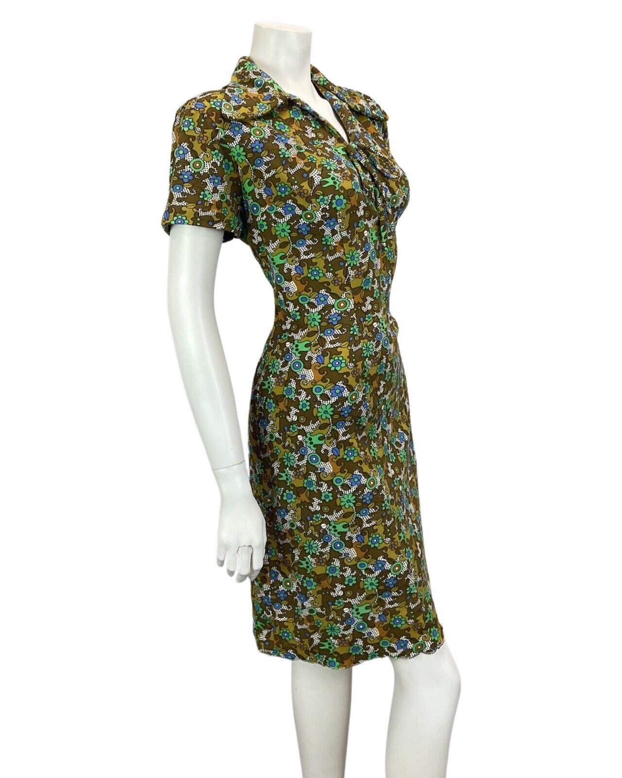 VINTAGE 60S 70S GREEN KHAKI BLUE FLORAL PSYCHEDELIC PRINT MINI DRESS 14