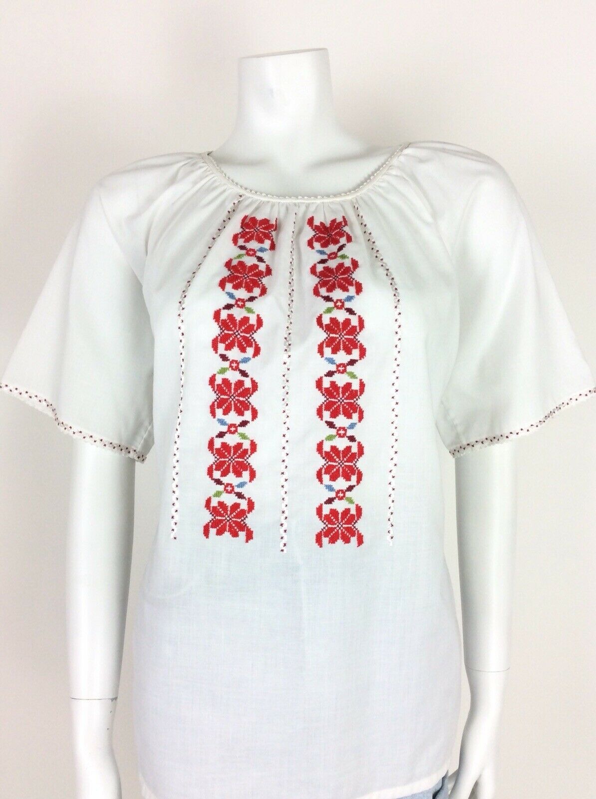 VINTAGE 60s 70s ETHNIC BLOUSE WHITE RED FLORAL CROSS STITCH HIPPY 12 14