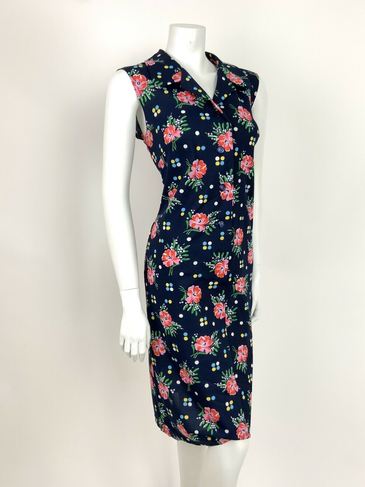 VTG 60s 70s FLORAL POLKA DOT BLUE PINK YELLOW GREEN SHIRT SHIFT DRESS 12